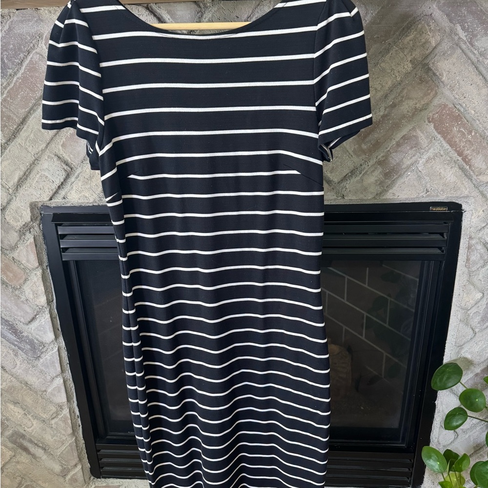 Ann Taylor Black and White Striped Midi Dress